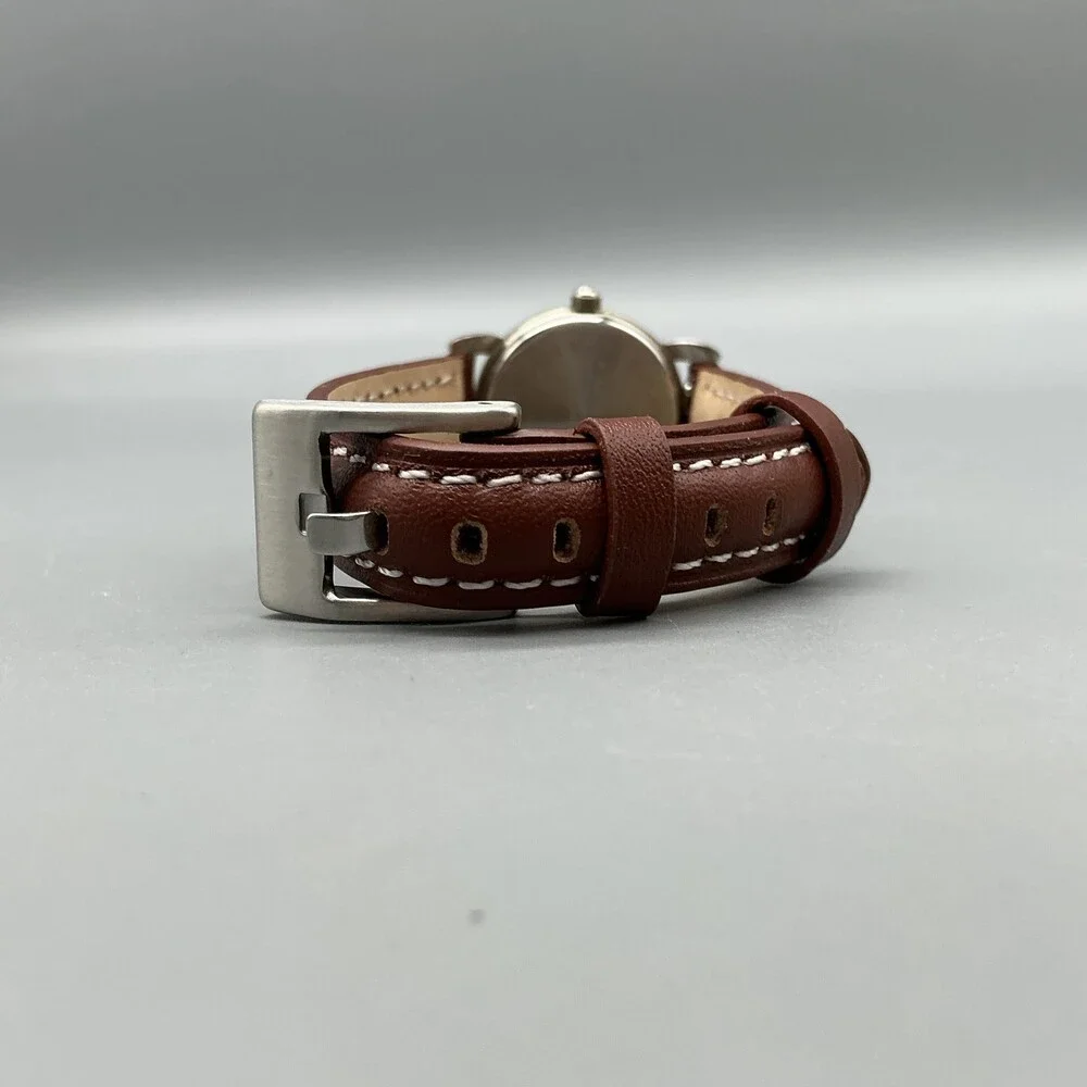 Vintage Guess Womens Watch 25mm Silver Tone White Dial Brown Leather New Battery